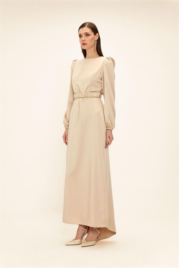 فستان سهرة ساتان للحجاب مع حزام مطوي يفعل 1679