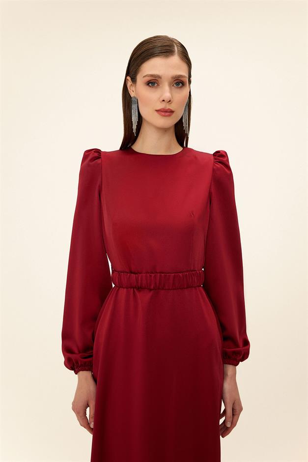 فستان سهرة ساتان للحجاب مع حزام مطوي حافة 1679