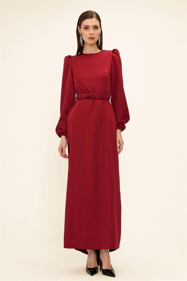 فستان سهرة ساتان للحجاب مع حزام مطوي حافة 1679