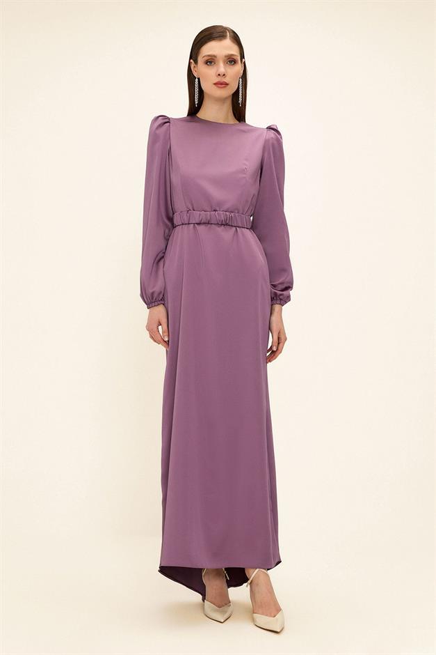 فستان سهرة ساتان للحجاب مع حزام مطوي ك. ليلا 1679