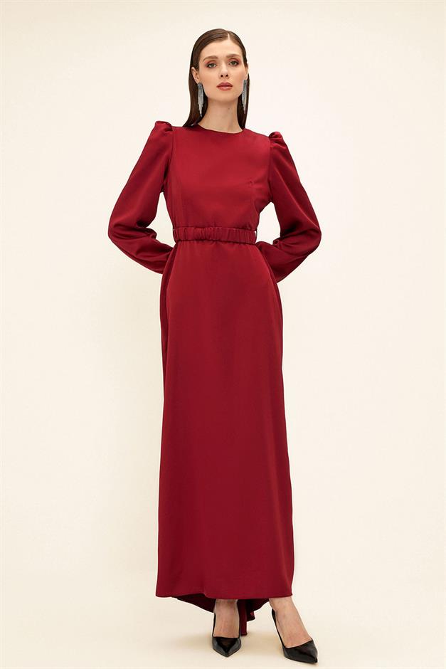 فستان سهرة ساتان للحجاب مع حزام مطوي حافة 1679