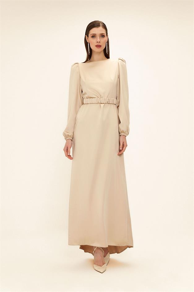 فستان سهرة ساتان للحجاب مع حزام مطوي يفعل 1679