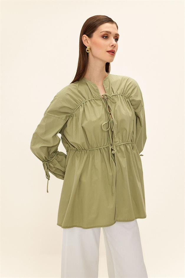 Loose Shirt with Drawstring and Lace Closure CAGLA 9333