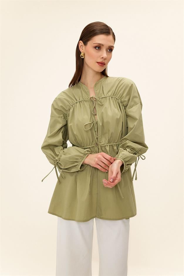 Loose Shirt with Drawstring and Lace Closure CAGLA 9333