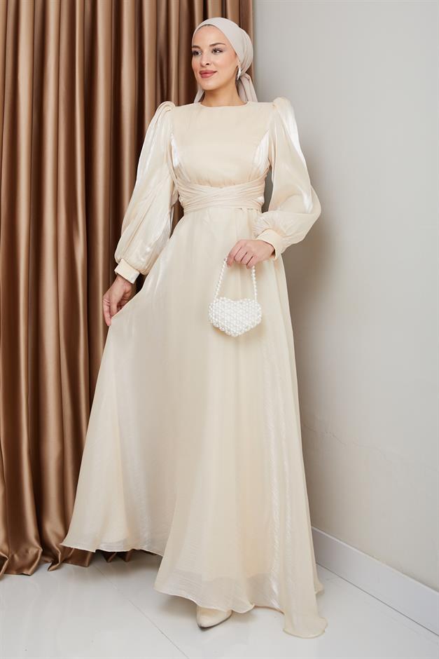 فستان سهرة حرير من يوريو مع حزام متقاطع كريم 1238