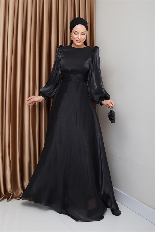 فستان سهرة حرير من يوريو مع حزام متقاطع أسود 1238