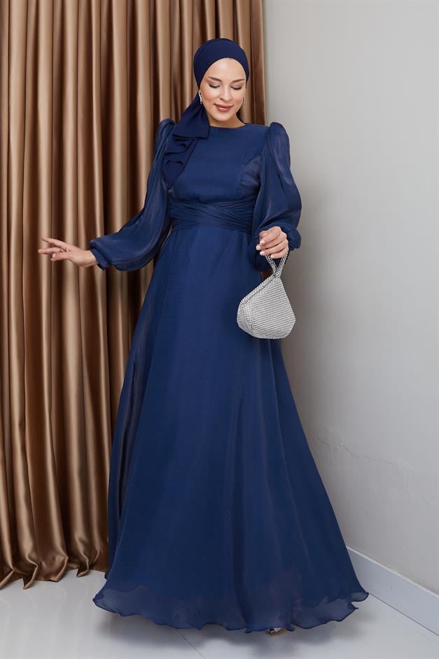 Yoryo Silk Hijab Evening Dress with Cross Belt K. INDIGO 1238