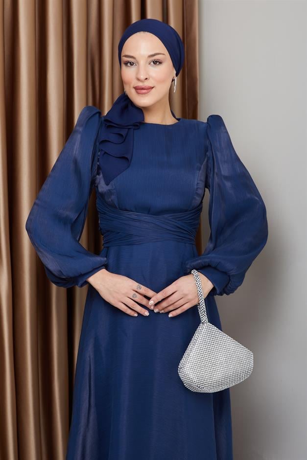 Yoryo Silk Hijab Evening Dress with Cross Belt K. INDIGO 1238