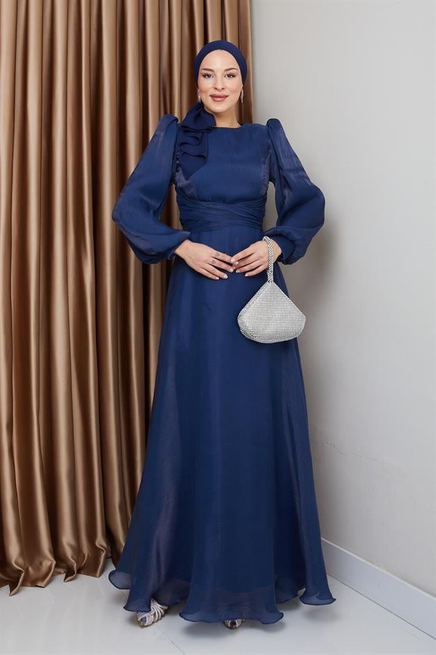 Yoryo Silk Hijab Evening Dress with Cross Belt K. INDIGO 1238