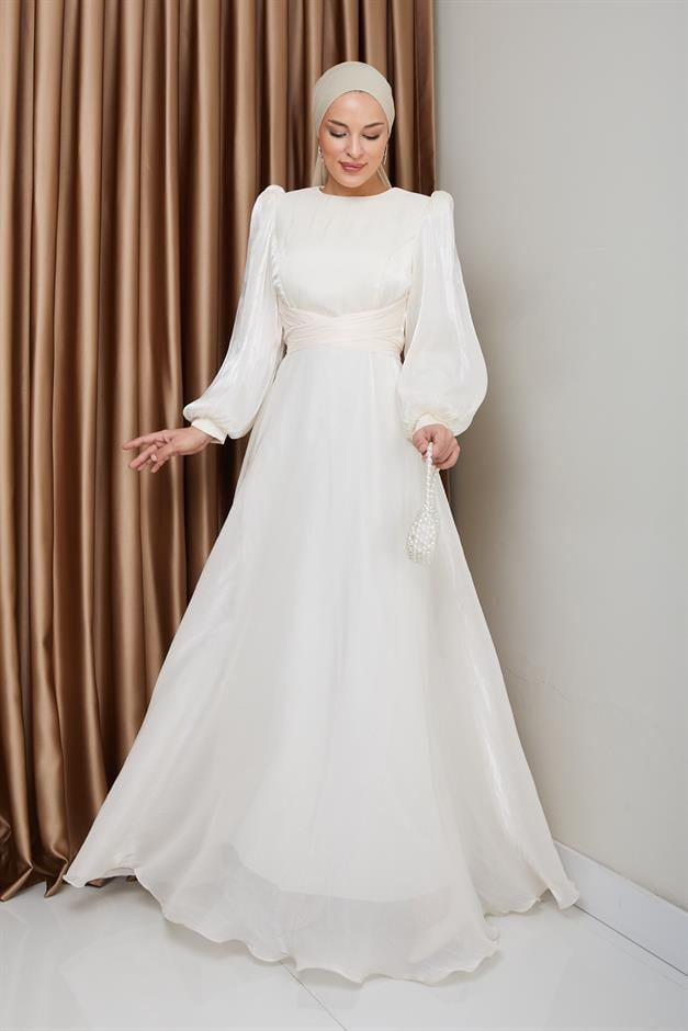 Yoryo Silk Hijab Evening Dress with Cross Belt IVORY 1238