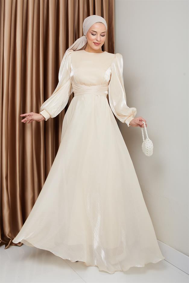 فستان سهرة حرير من يوريو مع حزام متقاطع كريم 1238