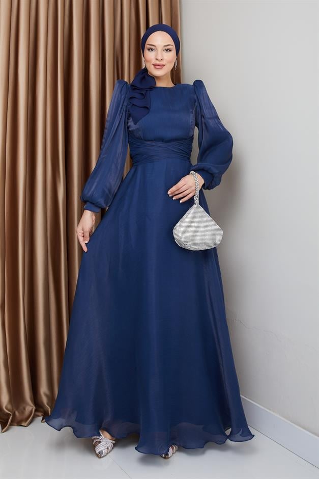 Yoryo Silk Hijab Evening Dress with Cross Belt K. INDIGO 1238