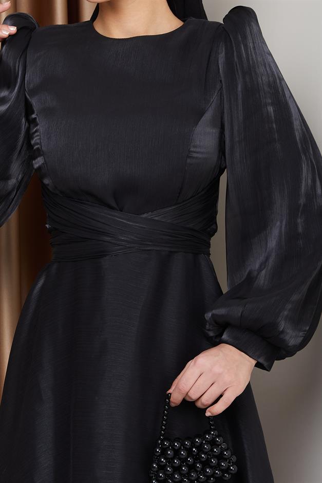 فستان سهرة حرير من يوريو مع حزام متقاطع أسود 1238