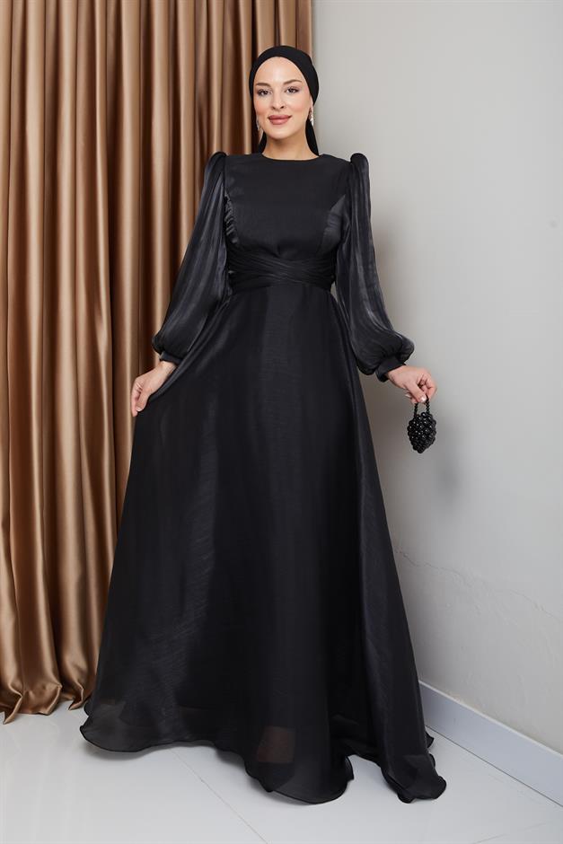 فستان سهرة حرير من يوريو مع حزام متقاطع أسود 1238