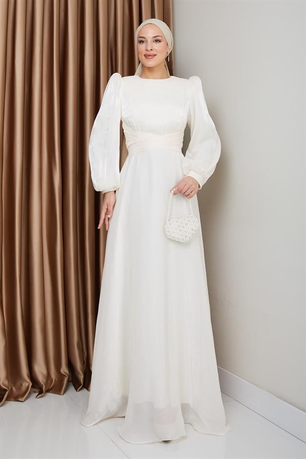 Yoryo Silk Hijab Evening Dress with Cross Belt IVORY 1238