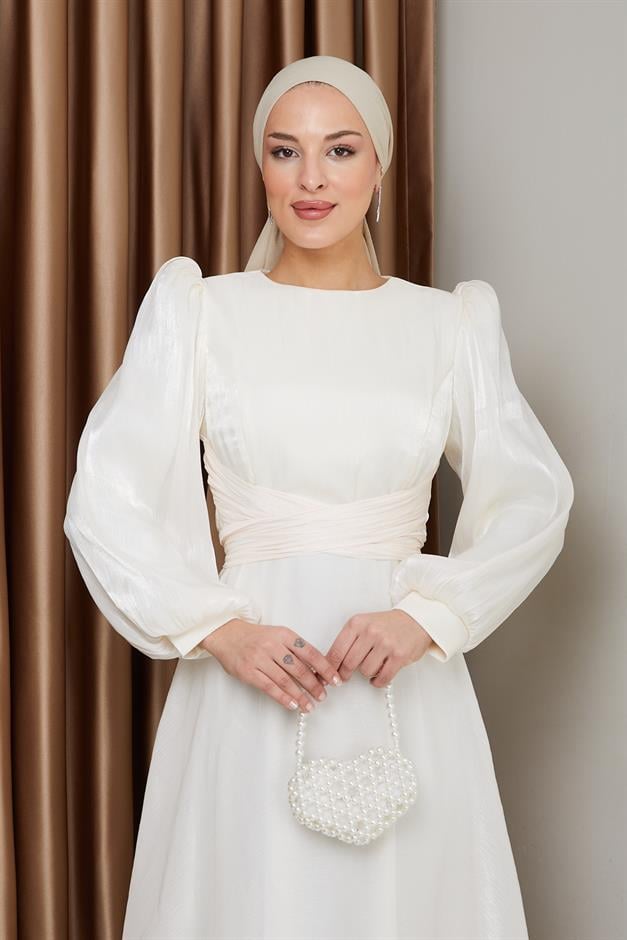 Yoryo Silk Hijab Evening Dress with Cross Belt IVORY 1238