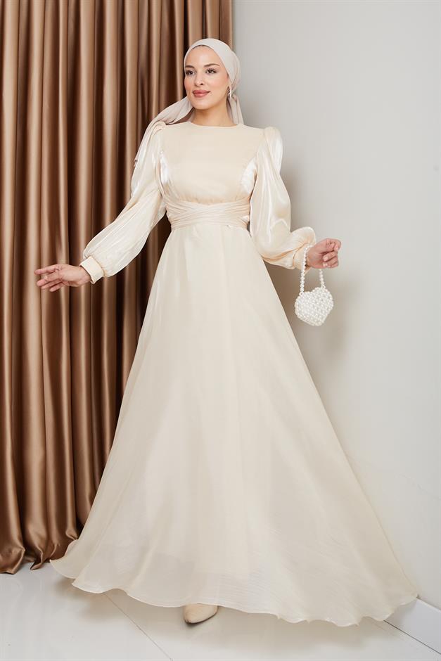 فستان سهرة حرير من يوريو مع حزام متقاطع كريم 1238