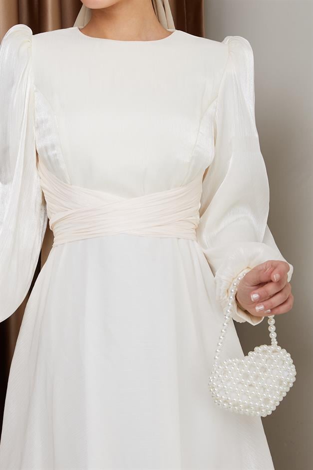 Yoryo Silk Hijab Evening Dress with Cross Belt IVORY 1238