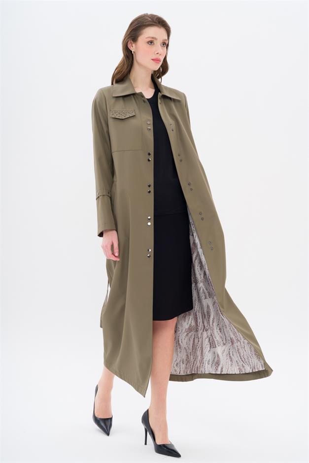 Cebi Taş Detaylı Desenli Astarlı Spor Pardesü HAKİ 4306