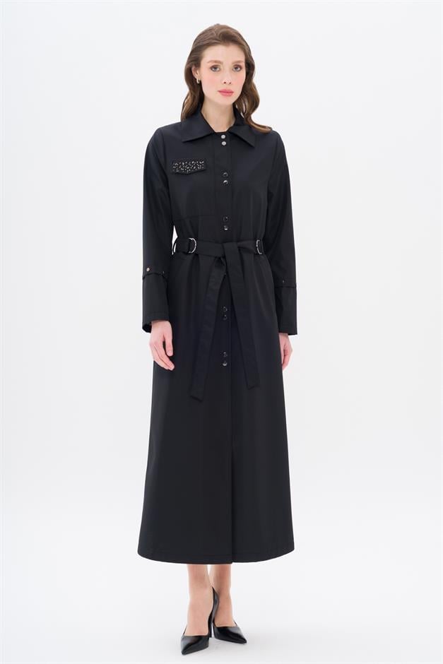 Cebi Taş Detaylı Desenli Astarlı Spor Pardesü SİYAH 4306