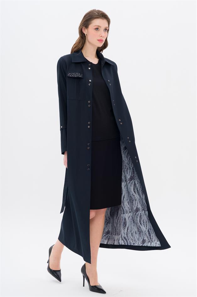 Cebi Taş Detaylı Desenli Astarlı Spor Pardesü LACİVERT 4306