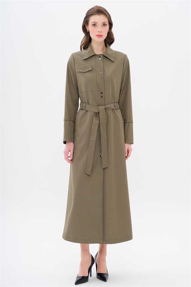 Cebi Taş Detaylı Desenli Astarlı Spor Pardesü HAKİ 4306