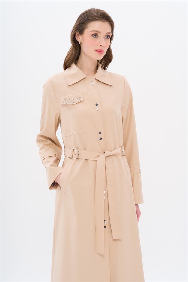 Cebi Taş Detaylı Desenli Astarlı Spor Pardesü BEJ 4306