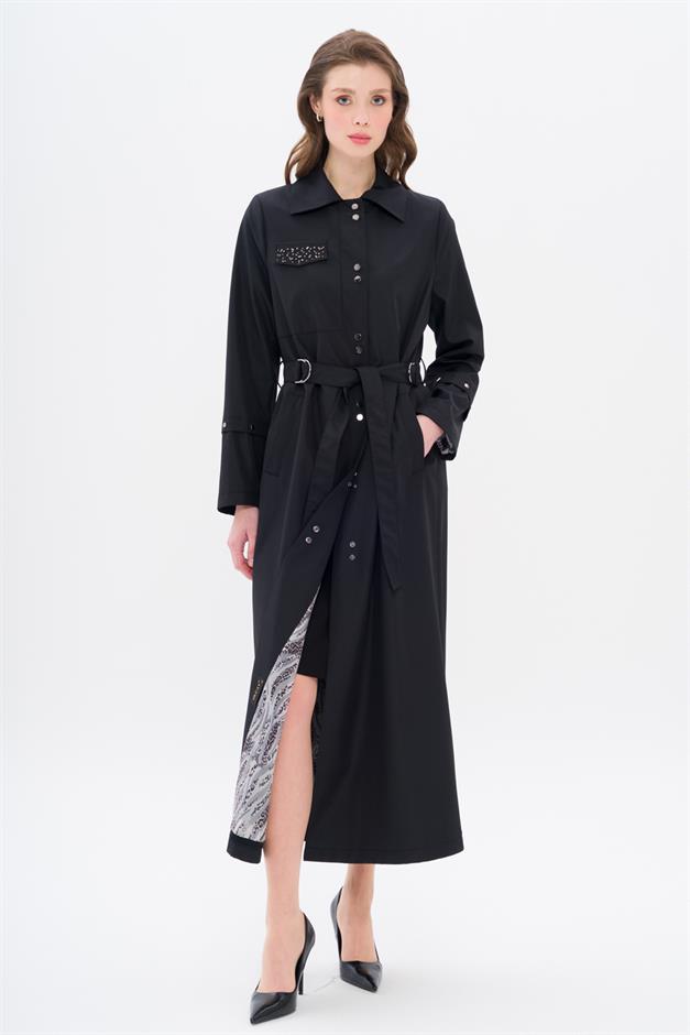 Cebi Taş Detaylı Desenli Astarlı Spor Pardesü SİYAH 4306