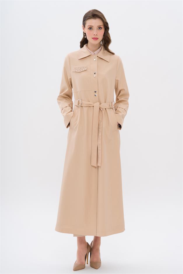 Cebi Taş Detaylı Desenli Astarlı Spor Pardesü BEJ 4306