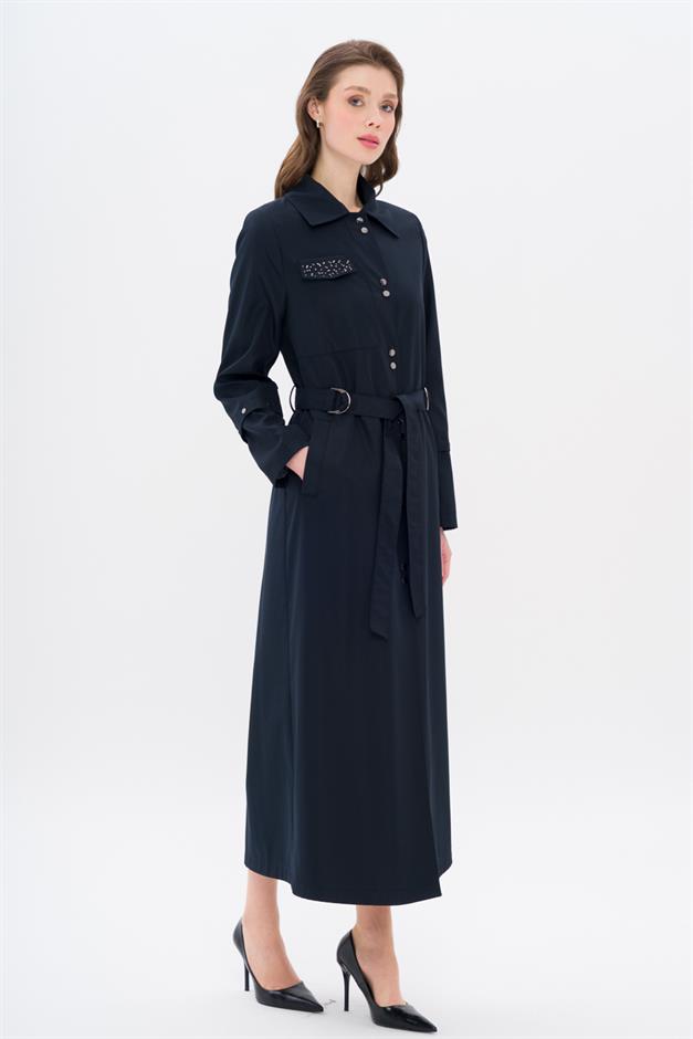 Cebi Taş Detaylı Desenli Astarlı Spor Pardesü LACİVERT 4306