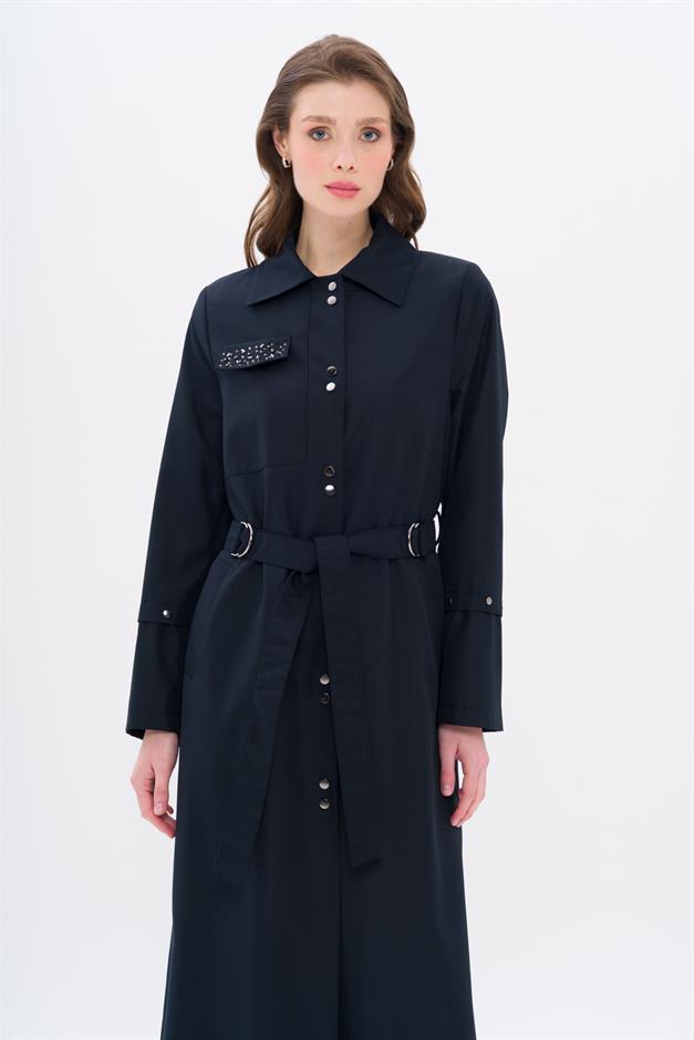 Cebi Taş Detaylı Desenli Astarlı Spor Pardesü LACİVERT 4306