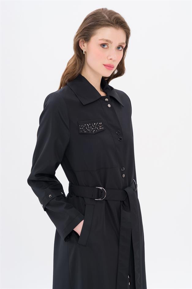 Cebi Taş Detaylı Desenli Astarlı Spor Pardesü SİYAH 4306