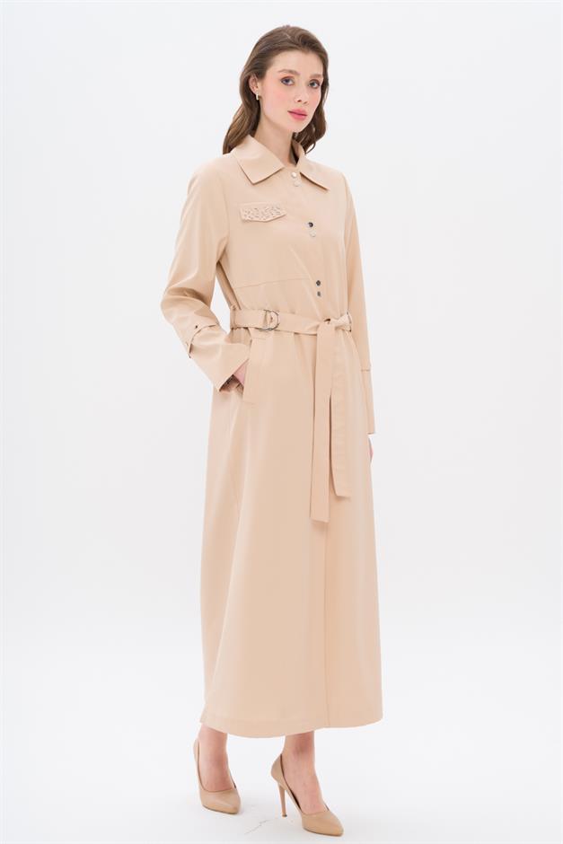 Cebi Taş Detaylı Desenli Astarlı Spor Pardesü BEJ 4306