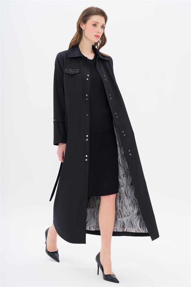 Cebi Taş Detaylı Desenli Astarlı Spor Pardesü SİYAH 4306