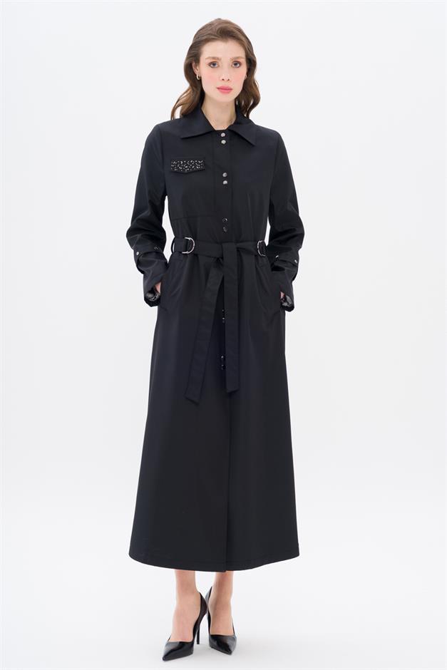 Cebi Taş Detaylı Desenli Astarlı Spor Pardesü SİYAH 4306