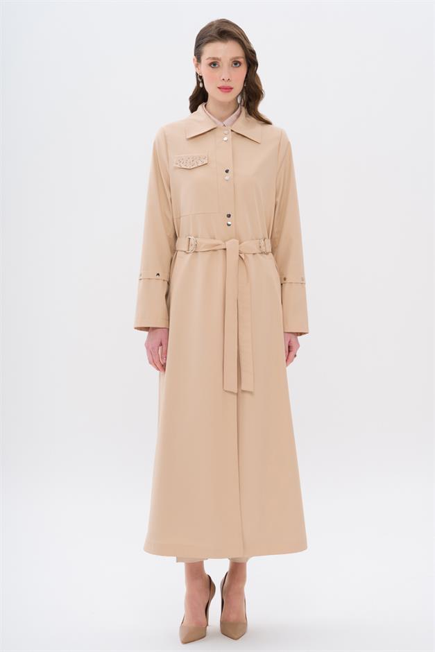 Cebi Taş Detaylı Desenli Astarlı Spor Pardesü BEJ 4306