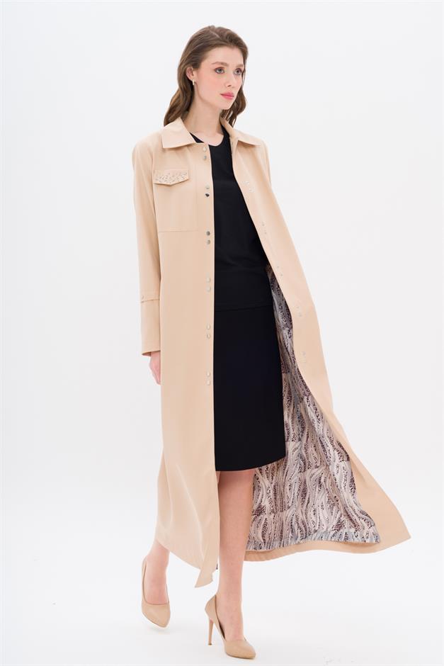 Cebi Taş Detaylı Desenli Astarlı Spor Pardesü BEJ 4306