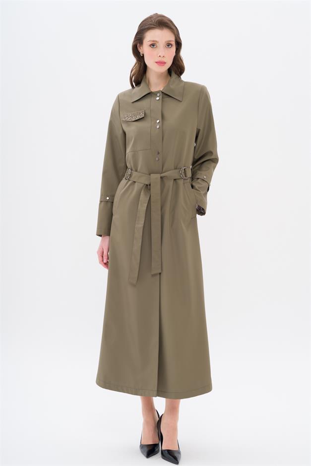 Cebi Taş Detaylı Desenli Astarlı Spor Pardesü HAKİ 4306