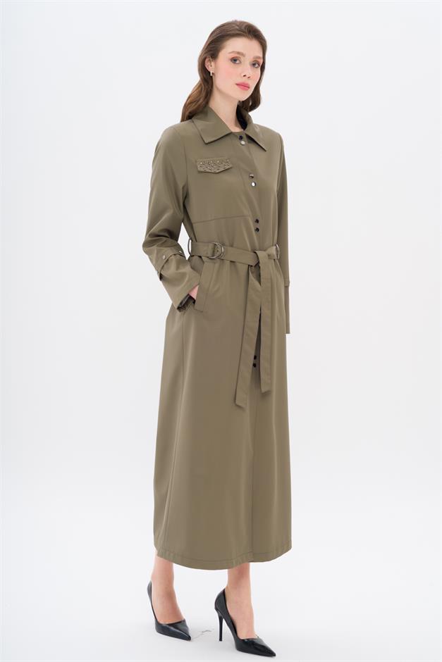 Cebi Taş Detaylı Desenli Astarlı Spor Pardesü HAKİ 4306