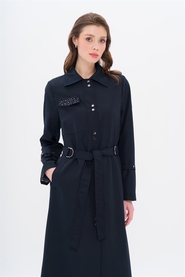 Cebi Taş Detaylı Desenli Astarlı Spor Pardesü LACİVERT 4306