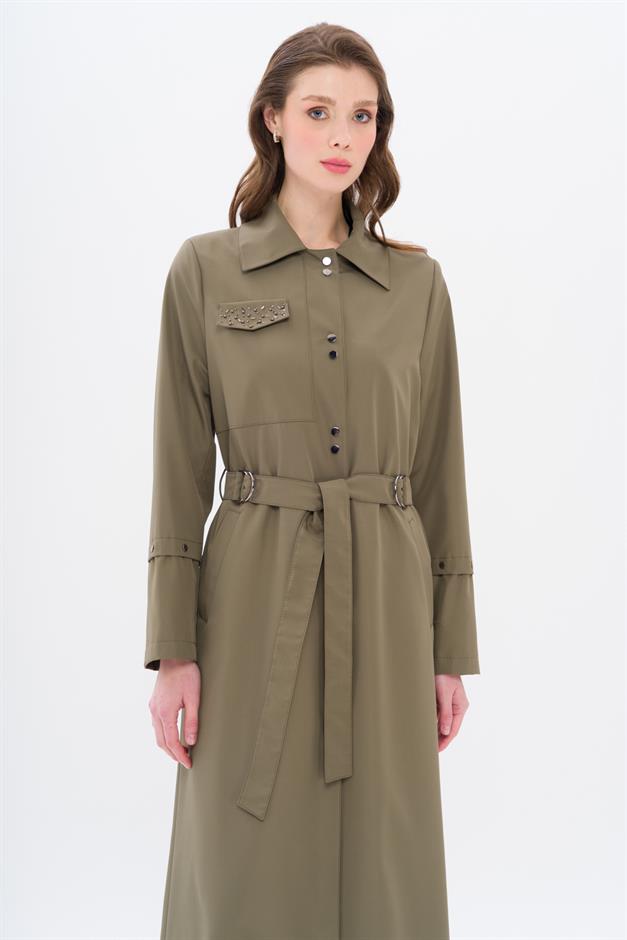 Cebi Taş Detaylı Desenli Astarlı Spor Pardesü HAKİ 4306