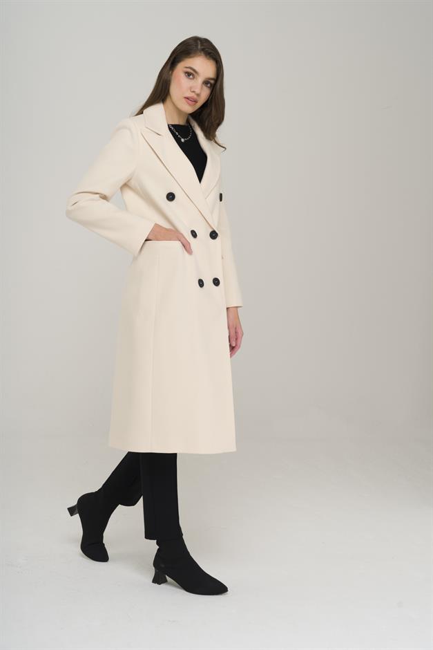 Jacket Collar Mid-Length Double Breasted Coat IVORY 3910
