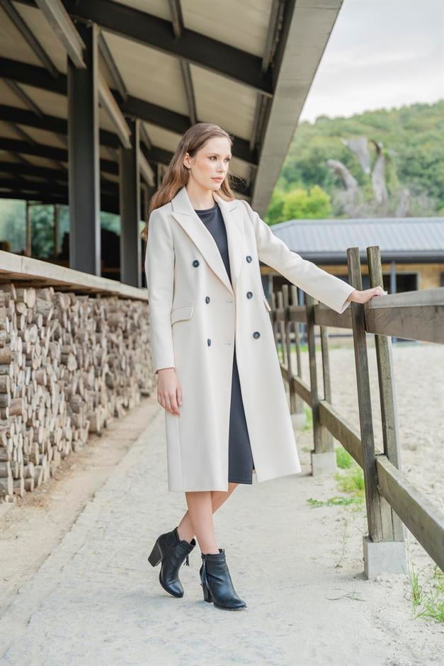 Jacket Collar Mid-Length Double Breasted Coat IVORY 3910