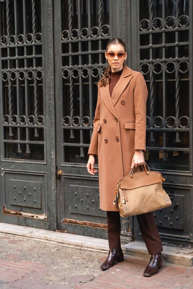 Jacket Collar Mid-Length Double Breasted Coat CAMEL 3910