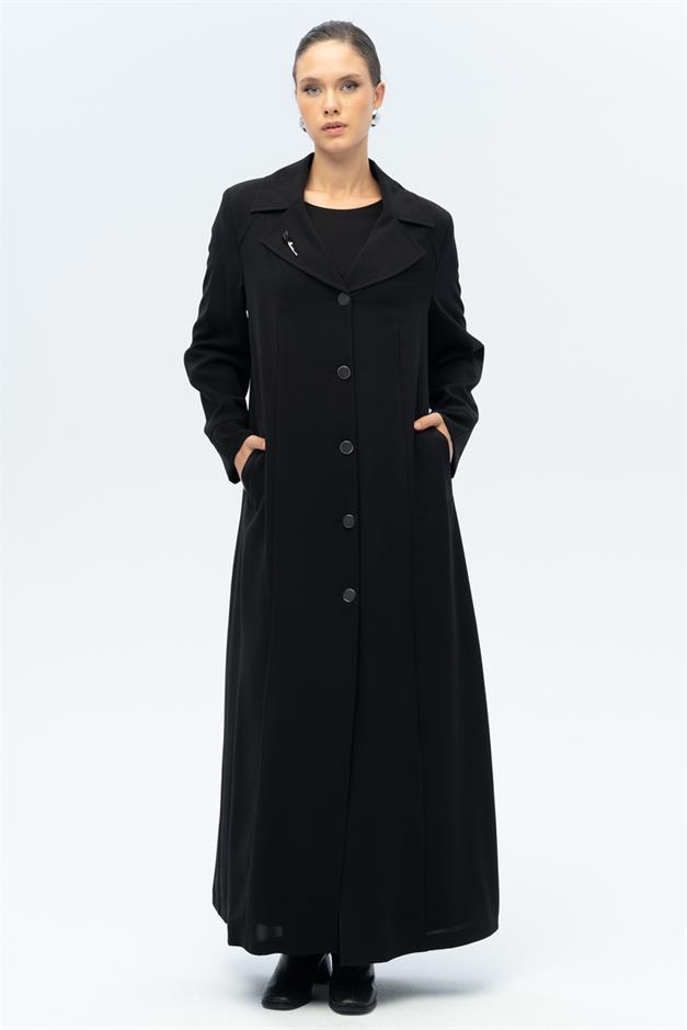 Ceket Yaka Broş Detaylı Astarlı Büyük Beden Pardesü SİYAH 6691-A