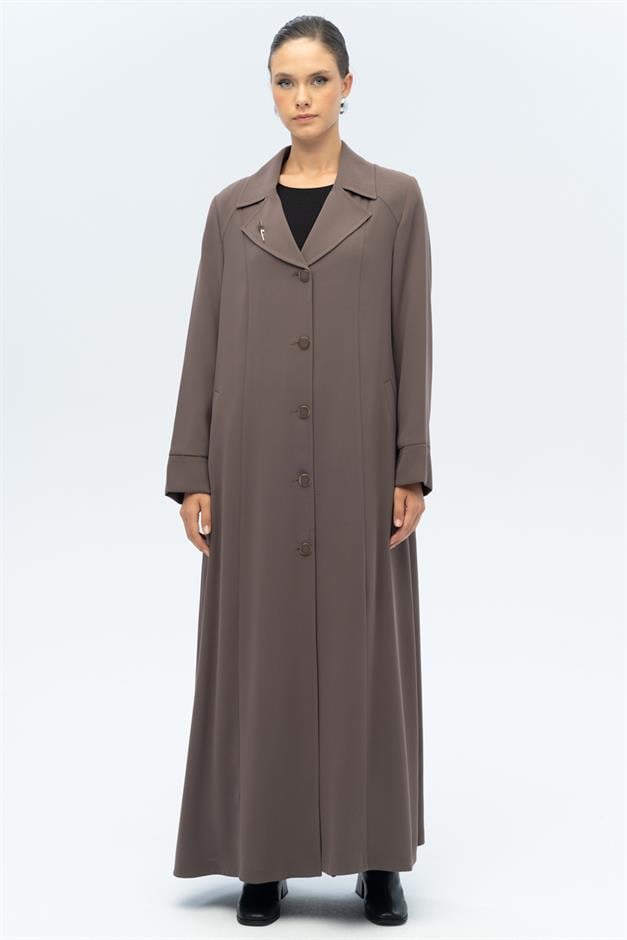 Ceket Yaka Broş Detaylı Astarlı Büyük Beden Pardesü VİZON 6691-A