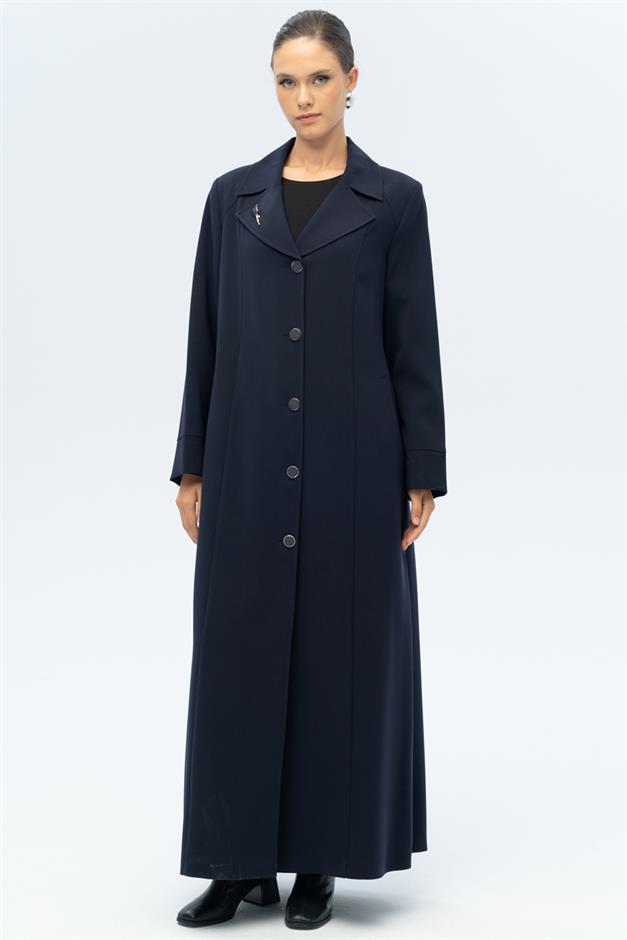 Ceket Yaka Broş Detaylı Astarlı Büyük Beden Pardesü LACİVERT 6691-A
