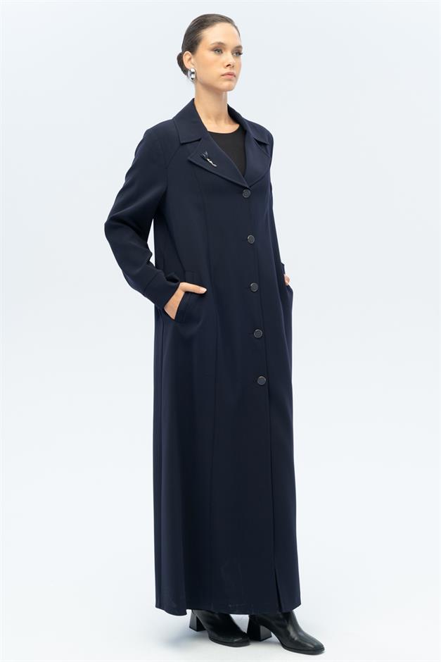 Ceket Yaka Broş Detaylı Astarlı Büyük Beden Pardesü LACİVERT 6691-A