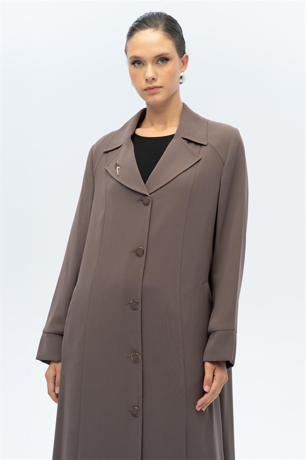 Ceket Yaka Broş Detaylı Astarlı Büyük Beden Pardesü VİZON 6691-A