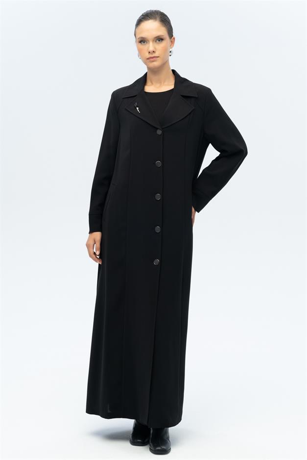 Ceket Yaka Broş Detaylı Astarlı Büyük Beden Pardesü SİYAH 6691-A
